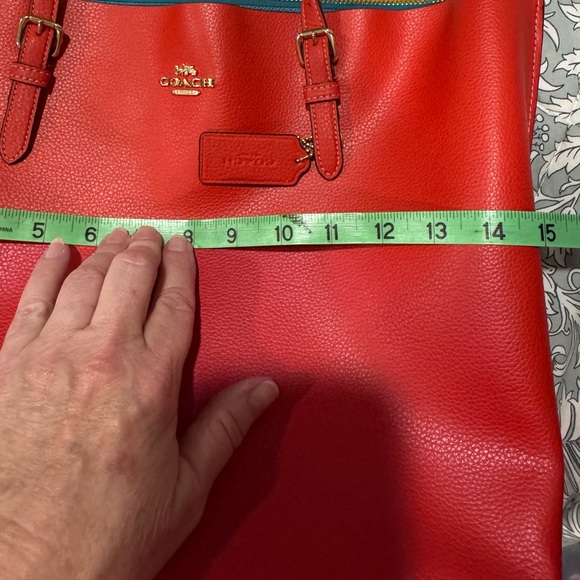 Coach Red /Orange Tote Bag; Lg., beautiful; NWOT; yellow and teal interior. - Picture 7 of 12